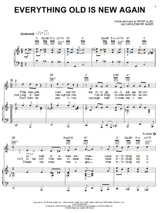 Preview Peter Allen Everything Old Is New Again Broadway sheet music, notes and chords for Piano, Vocal & Guitar (Right-Hand Melody), SKU: 26298 sheet music, piano notes, chords, guitar tabs, score, transpose, transcribe, how to play, guide, download, learn, tutorial, progression, song, artist, awards, billboard, mtv, vh1, tour, single, album, release