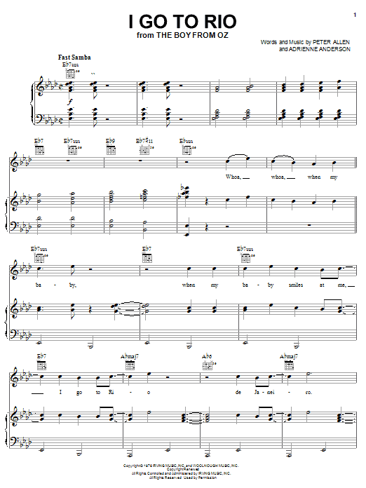 Preview Peter Allen I Go To Rio Pop sheet music, notes and chords for Piano, Vocal & Guitar (Right-Hand Melody), SKU: 26299 sheet music, piano notes, chords, guitar tabs, score, transpose, transcribe, how to play, guide, download, learn, tutorial, progression, song, artist, awards, billboard, mtv, vh1, tour, single, album, release