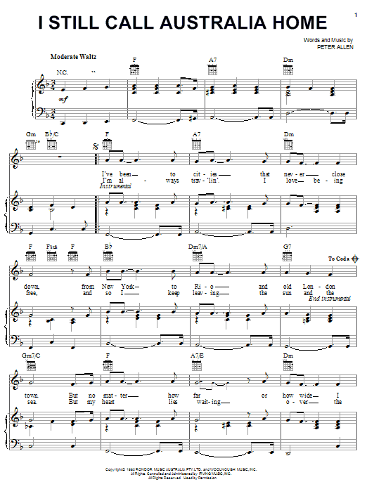 Preview Peter Allen I Still Call Australia Home Broadway sheet music, notes and chords for Piano, Vocal & Guitar (Right-Hand Melody), SKU: 26300 sheet music, piano notes, chords, guitar tabs, score, transpose, transcribe, how to play, guide, download, learn, tutorial, progression, song, artist, awards, billboard, mtv, vh1, tour, single, album, release