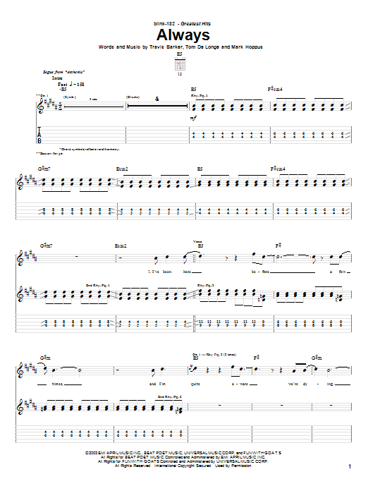 Preview Blink-182 Always Rock sheet music, notes and chords for Guitar Tab, SKU: 26305 sheet music, piano notes, chords, guitar tabs, score, transpose, transcribe, how to play, guide, download, learn, tutorial, progression, song, artist, awards, billboard, mtv, vh1, tour, single, album, release