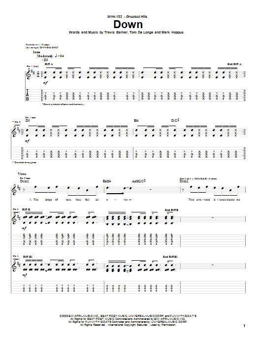 Preview Blink-182 Down Punk sheet music, notes and chords for Guitar Tab, SKU: 26307 sheet music, piano notes, chords, guitar tabs, score, transpose, transcribe, how to play, guide, download, learn, tutorial, progression, song, artist, awards, billboard, mtv, vh1, tour, single, album, release