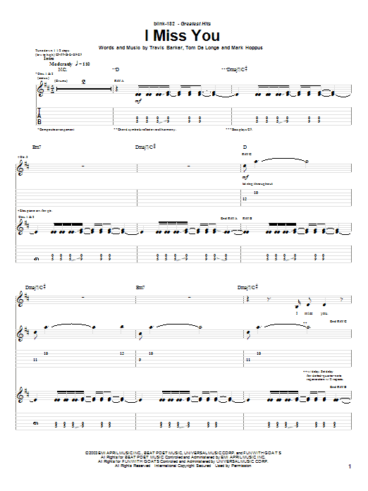 Preview Blink-182 I Miss You Rock sheet music, notes and chords for Guitar Tab, SKU: 26311 sheet music, piano notes, chords, guitar tabs, score, transpose, transcribe, how to play, guide, download, learn, tutorial, progression, song, artist, awards, billboard, mtv, vh1, tour, single, album, release