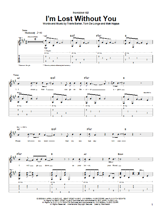 Preview Blink-182 I'm Lost Without You Rock sheet music, notes and chords for Guitar Tab, SKU: 26312 sheet music, piano notes, chords, guitar tabs, score, transpose, transcribe, how to play, guide, download, learn, tutorial, progression, song, artist, awards, billboard, mtv, vh1, tour, single, album, release