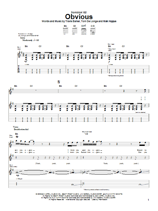 Preview Blink-182 Obvious Rock sheet music, notes and chords for Guitar Tab, SKU: 26313 sheet music, piano notes, chords, guitar tabs, score, transpose, transcribe, how to play, guide, download, learn, tutorial, progression, song, artist, awards, billboard, mtv, vh1, tour, single, album, release