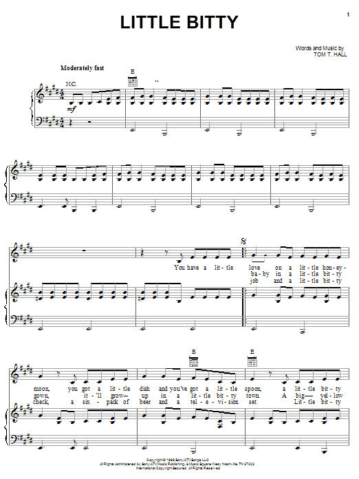 Preview Alan Jackson Little Bitty Country sheet music, notes and chords for Piano, Vocal & Guitar (Right-Hand Melody), SKU: 26318 sheet music, piano notes, chords, guitar tabs, score, transpose, transcribe, how to play, guide, download, learn, tutorial, progression, song, artist, awards, billboard, mtv, vh1, tour, single, album, release