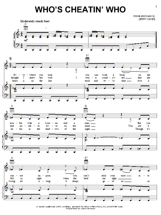 Preview Alan Jackson Who's Cheatin' Who Country sheet music, notes and chords for Piano, Vocal & Guitar (Right-Hand Melody), SKU: 26319 sheet music, piano notes, chords, guitar tabs, score, transpose, transcribe, how to play, guide, download, learn, tutorial, progression, song, artist, awards, billboard, mtv, vh1, tour, single, album, release