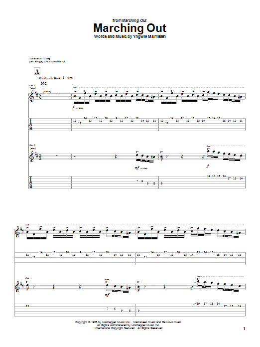 Preview Yngwie Malmsteen Marching Out Metal sheet music, notes and chords for Guitar Tab, SKU: 26327 sheet music, piano notes, chords, guitar tabs, score, transpose, transcribe, how to play, guide, download, learn, tutorial, progression, song, artist, awards, billboard, mtv, vh1, tour, single, album, release