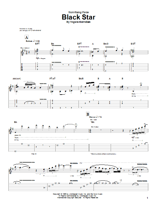 Preview Yngwie Malmsteen Black Star Metal sheet music, notes and chords for Guitar Tab, SKU: 26332 sheet music, piano notes, chords, guitar tabs, score, transpose, transcribe, how to play, guide, download, learn, tutorial, progression, song, artist, awards, billboard, mtv, vh1, tour, single, album, release