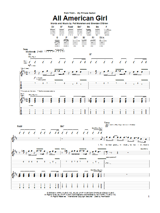 Preview Train All American Girl Rock sheet music, notes and chords for Guitar Tab, SKU: 26344 sheet music, piano notes, chords, guitar tabs, score, transpose, transcribe, how to play, guide, download, learn, tutorial, progression, song, artist, awards, billboard, mtv, vh1, tour, single, album, release