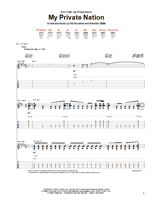 Preview Train My Private Nation Rock sheet music, notes and chords for Guitar Tab, SKU: 26345 sheet music, piano notes, chords, guitar tabs, score, transpose, transcribe, how to play, guide, download, learn, tutorial, progression, song, artist, awards, billboard, mtv, vh1, tour, single, album, release