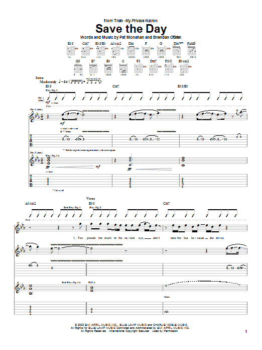 Preview Train Save The Day Rock sheet music, notes and chords for Guitar Tab, SKU: 26346 sheet music, piano notes, chords, guitar tabs, score, transpose, transcribe, how to play, guide, download, learn, tutorial, progression, song, artist, awards, billboard, mtv, vh1, tour, single, album, release