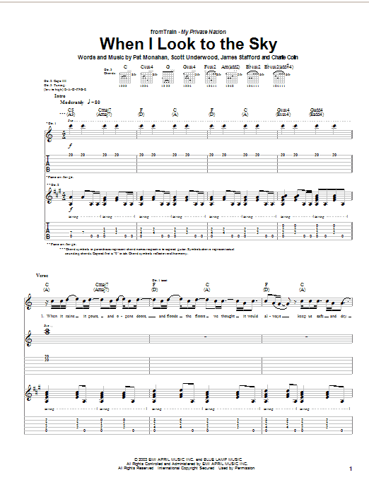 Preview Train When I Look To The Sky Rock sheet music, notes and chords for Guitar Tab, SKU: 26347 sheet music, piano notes, chords, guitar tabs, score, transpose, transcribe, how to play, guide, download, learn, tutorial, progression, song, artist, awards, billboard, mtv, vh1, tour, single, album, release