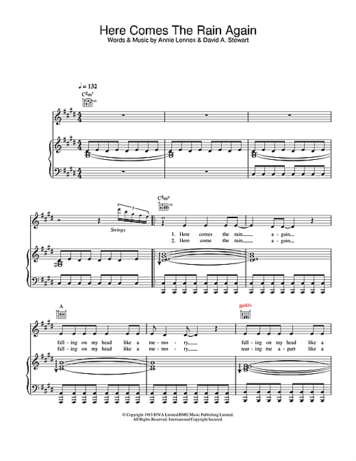 Preview Alex Parks Here Comes The Rain Again Pop sheet music, notes and chords for Piano, Vocal & Guitar, SKU: 26352 sheet music, piano notes, chords, guitar tabs, score, transpose, transcribe, how to play, guide, download, learn, tutorial, progression, song, artist, awards, billboard, mtv, vh1, tour, single, album, release