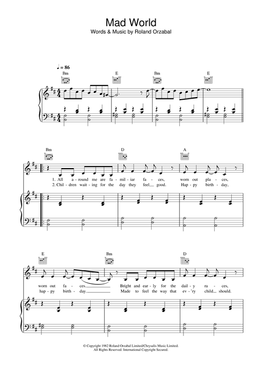 Preview Alex Parks Mad World Pop sheet music, notes and chords for Piano, Vocal & Guitar, SKU: 26354 sheet music, piano notes, chords, guitar tabs, score, transpose, transcribe, how to play, guide, download, learn, tutorial, progression, song, artist, awards, billboard, mtv, vh1, tour, single, album, release