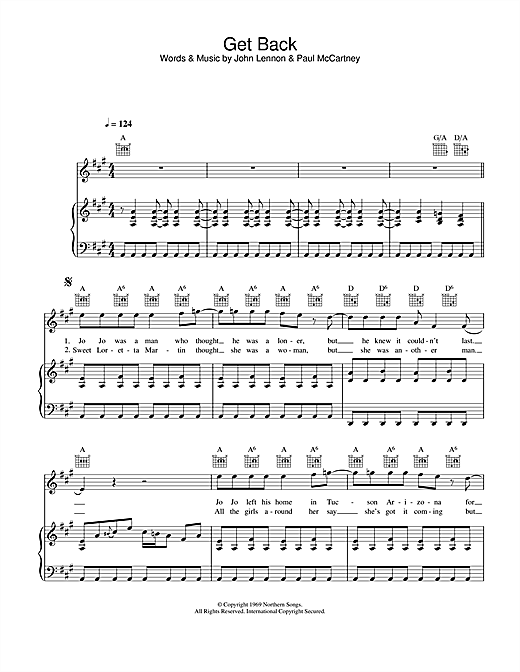 Preview The Beatles Get Back Rock sheet music, notes and chords for Piano, Vocal & Guitar, SKU: 26361 sheet music, piano notes, chords, guitar tabs, score, transpose, transcribe, how to play, guide, download, learn, tutorial, progression, song, artist, awards, billboard, mtv, vh1, tour, single, album, release