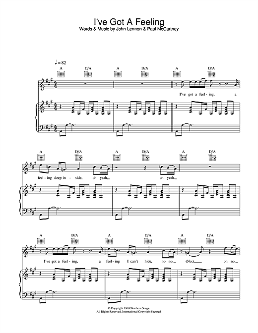 Preview The Beatles I've Got A Feeling Rock sheet music, notes and chords for Piano, Vocal & Guitar, SKU: 26363 sheet music, piano notes, chords, guitar tabs, score, transpose, transcribe, how to play, guide, download, learn, tutorial, progression, song, artist, awards, billboard, mtv, vh1, tour, single, album, release
