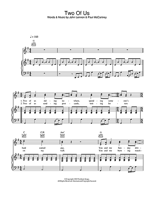 Preview The Beatles Two Of Us Rock sheet music, notes and chords for Piano, Vocal & Guitar, SKU: 26366 sheet music, piano notes, chords, guitar tabs, score, transpose, transcribe, how to play, guide, download, learn, tutorial, progression, song, artist, awards, billboard, mtv, vh1, tour, single, album, release