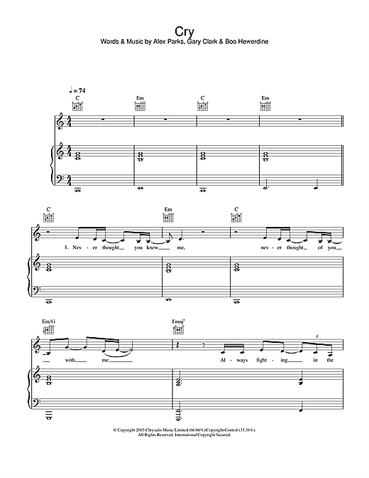 Preview Alex Parks Cry Pop sheet music, notes and chords for Piano, Vocal & Guitar, SKU: 26367 sheet music, piano notes, chords, guitar tabs, score, transpose, transcribe, how to play, guide, download, learn, tutorial, progression, song, artist, awards, billboard, mtv, vh1, tour, single, album, release