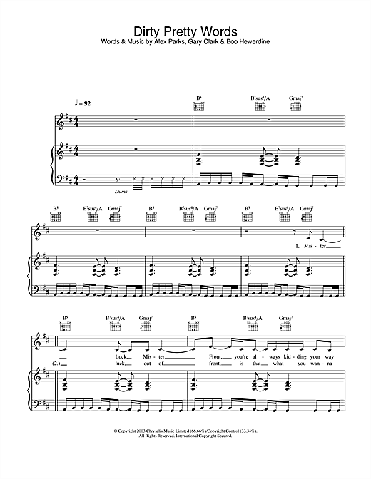 Preview Alex Parks Dirty Pretty Words Pop sheet music, notes and chords for Piano, Vocal & Guitar (Right-Hand Melody), SKU: 26368 sheet music, piano notes, chords, guitar tabs, score, transpose, transcribe, how to play, guide, download, learn, tutorial, progression, song, artist, awards, billboard, mtv, vh1, tour, single, album, release