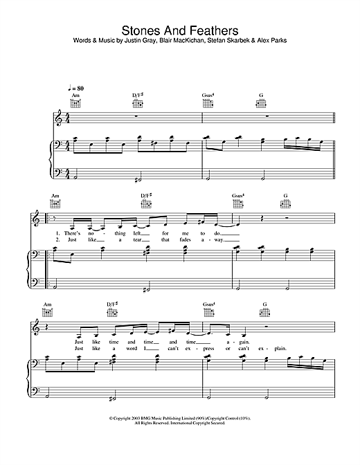 Preview Alex Parks Stones And Feathers Pop sheet music, notes and chords for Piano, Vocal & Guitar, SKU: 26372 sheet music, piano notes, chords, guitar tabs, score, transpose, transcribe, how to play, guide, download, learn, tutorial, progression, song, artist, awards, billboard, mtv, vh1, tour, single, album, release