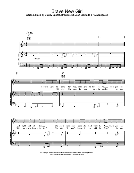 Preview Britney Spears Brave New Girl Pop sheet music, notes and chords for Piano, Vocal & Guitar, SKU: 26375 sheet music, piano notes, chords, guitar tabs, score, transpose, transcribe, how to play, guide, download, learn, tutorial, progression, song, artist, awards, billboard, mtv, vh1, tour, single, album, release