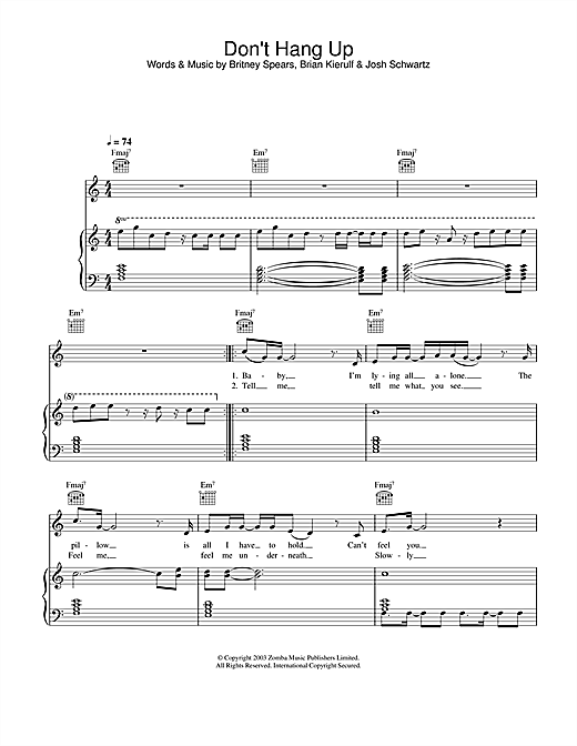 Preview Britney Spears Don't Hang Up Pop sheet music, notes and chords for Piano, Vocal & Guitar, SKU: 26377 sheet music, piano notes, chords, guitar tabs, score, transpose, transcribe, how to play, guide, download, learn, tutorial, progression, song, artist, awards, billboard, mtv, vh1, tour, single, album, release