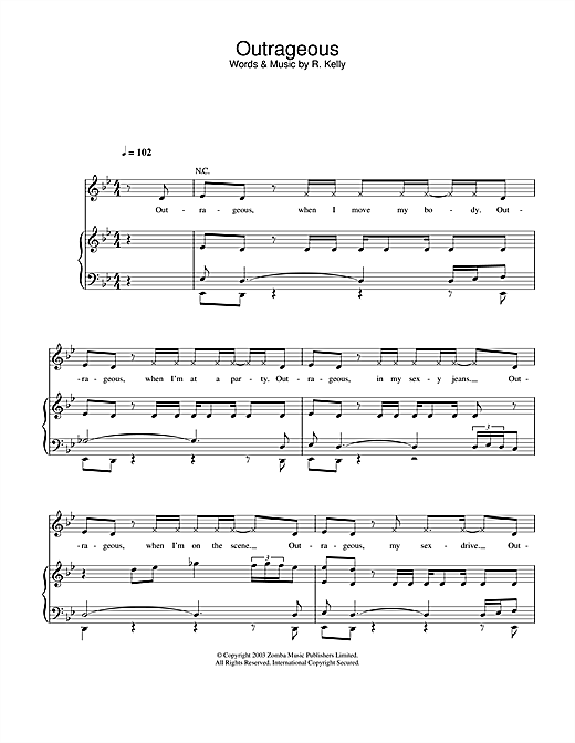 Preview Britney Spears Outrageous Pop sheet music, notes and chords for Piano, Vocal & Guitar, SKU: 26381 sheet music, piano notes, chords, guitar tabs, score, transpose, transcribe, how to play, guide, download, learn, tutorial, progression, song, artist, awards, billboard, mtv, vh1, tour, single, album, release