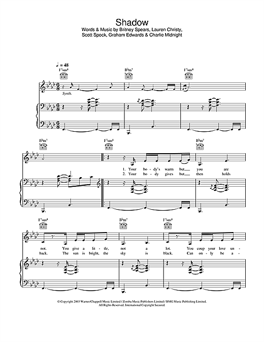 Preview Britney Spears Shadow Pop sheet music, notes and chords for Piano, Vocal & Guitar, SKU: 26382 sheet music, piano notes, chords, guitar tabs, score, transpose, transcribe, how to play, guide, download, learn, tutorial, progression, song, artist, awards, billboard, mtv, vh1, tour, single, album, release