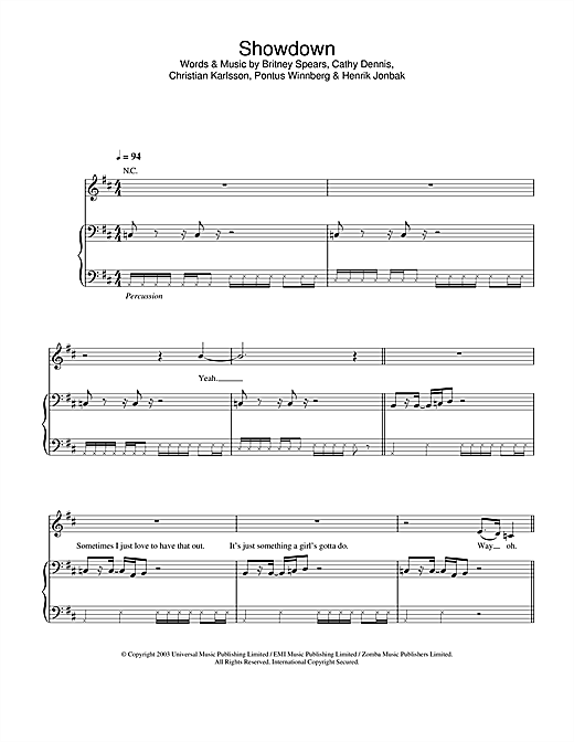 Preview Britney Spears Showdown Pop sheet music, notes and chords for Piano, Vocal & Guitar, SKU: 26383 sheet music, piano notes, chords, guitar tabs, score, transpose, transcribe, how to play, guide, download, learn, tutorial, progression, song, artist, awards, billboard, mtv, vh1, tour, single, album, release