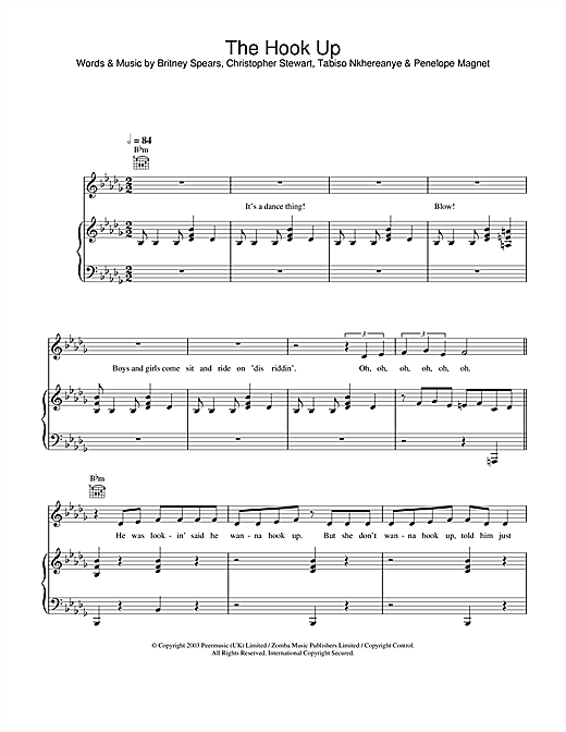 Preview Britney Spears The Hook Up Pop sheet music, notes and chords for Piano, Vocal & Guitar, SKU: 26385 sheet music, piano notes, chords, guitar tabs, score, transpose, transcribe, how to play, guide, download, learn, tutorial, progression, song, artist, awards, billboard, mtv, vh1, tour, single, album, release