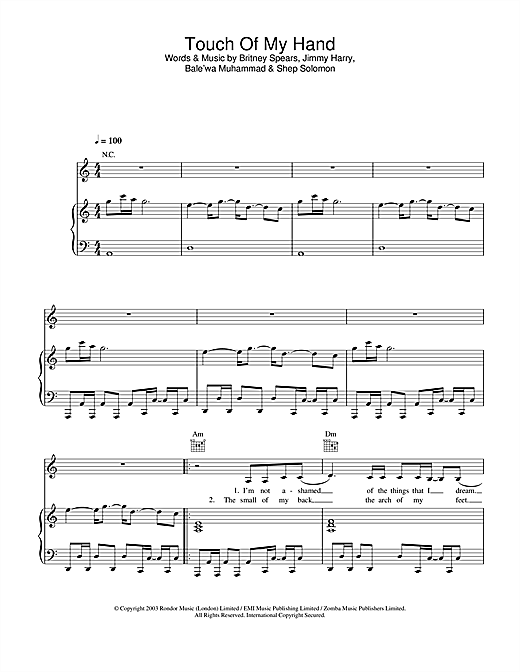 Preview Britney Spears Touch Of My Hand Pop sheet music, notes and chords for Piano, Vocal & Guitar, SKU: 26386 sheet music, piano notes, chords, guitar tabs, score, transpose, transcribe, how to play, guide, download, learn, tutorial, progression, song, artist, awards, billboard, mtv, vh1, tour, single, album, release