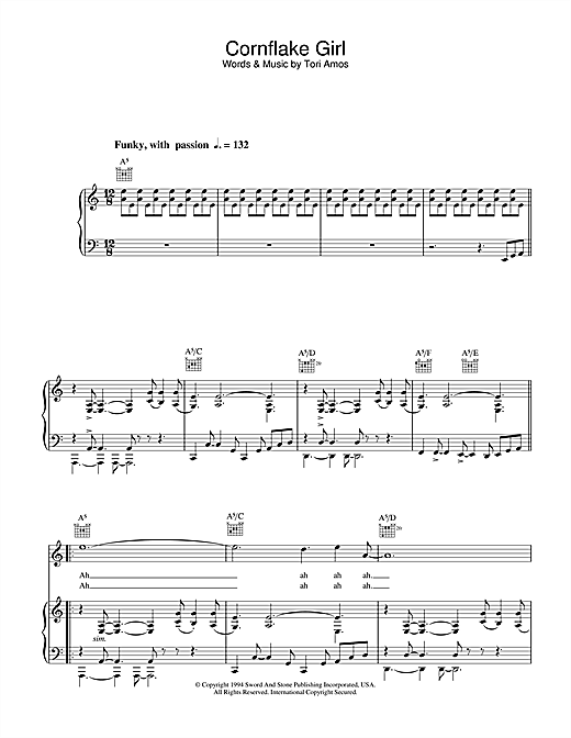 Preview Tori Amos Cornflake Girl Pop sheet music, notes and chords for Piano, Vocal & Guitar, SKU: 26389 sheet music, piano notes, chords, guitar tabs, score, transpose, transcribe, how to play, guide, download, learn, tutorial, progression, song, artist, awards, billboard, mtv, vh1, tour, single, album, release