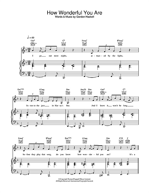 Preview Gordon Haskell How Wonderful You Are Jazz sheet music, notes and chords for Piano, Vocal & Guitar, SKU: 26390 sheet music, piano notes, chords, guitar tabs, score, transpose, transcribe, how to play, guide, download, learn, tutorial, progression, song, artist, awards, billboard, mtv, vh1, tour, single, album, release