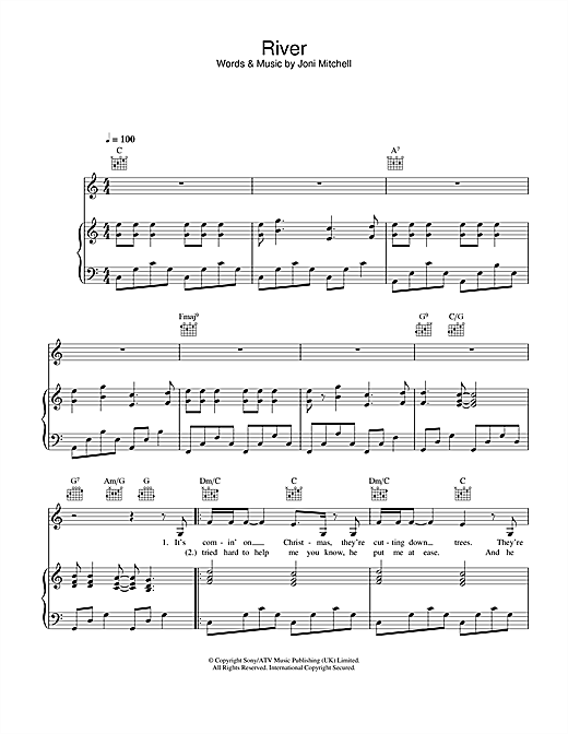 Preview Joni Mitchell River Rock sheet music, notes and chords for Piano, Vocal & Guitar, SKU: 26391 sheet music, piano notes, chords, guitar tabs, score, transpose, transcribe, how to play, guide, download, learn, tutorial, progression, song, artist, awards, billboard, mtv, vh1, tour, single, album, release