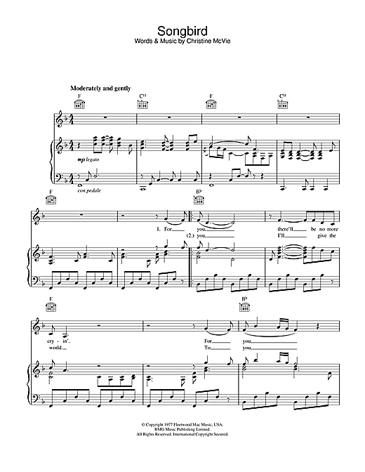 Preview Fleetwood Mac Songbird Pop sheet music, notes and chords for Piano, Vocal & Guitar (Right-Hand Melody), SKU: 26392 sheet music, piano notes, chords, guitar tabs, score, transpose, transcribe, how to play, guide, download, learn, tutorial, progression, song, artist, awards, billboard, mtv, vh1, tour, single, album, release