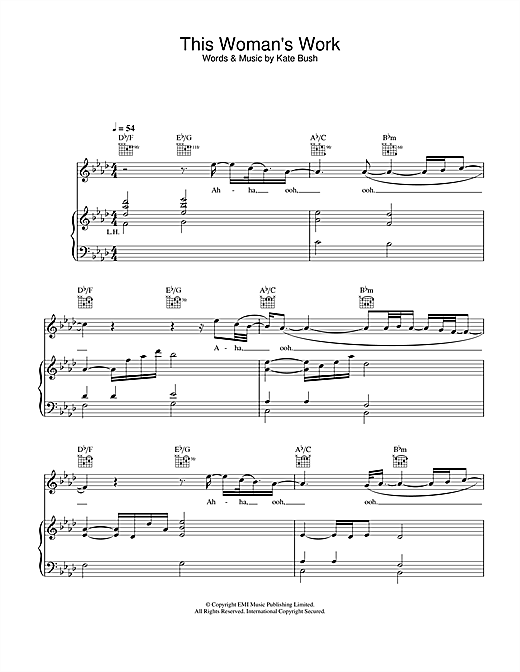 Preview Kate Bush This Woman's Work (from She's Having A Baby) Pop sheet music, notes and chords for Piano, Vocal & Guitar, SKU: 26394 sheet music, piano notes, chords, guitar tabs, score, transpose, transcribe, how to play, guide, download, learn, tutorial, progression, song, artist, awards, billboard, mtv, vh1, tour, single, album, release