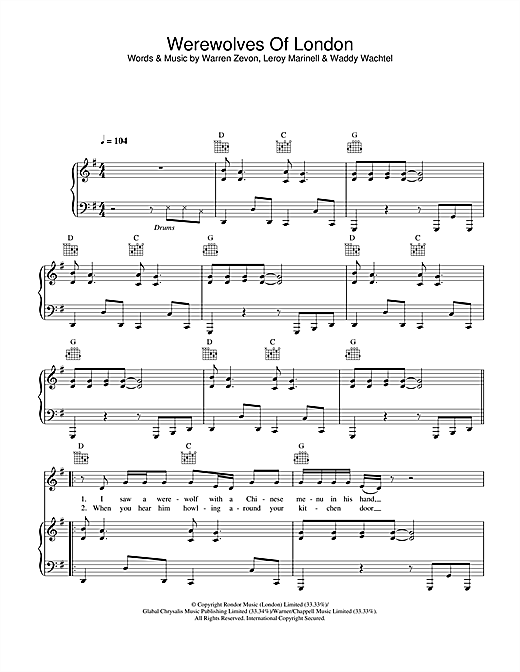 Preview Warren Zevon Werewolves Of London Rock sheet music, notes and chords for Piano, Vocal & Guitar, SKU: 26395 sheet music, piano notes, chords, guitar tabs, score, transpose, transcribe, how to play, guide, download, learn, tutorial, progression, song, artist, awards, billboard, mtv, vh1, tour, single, album, release