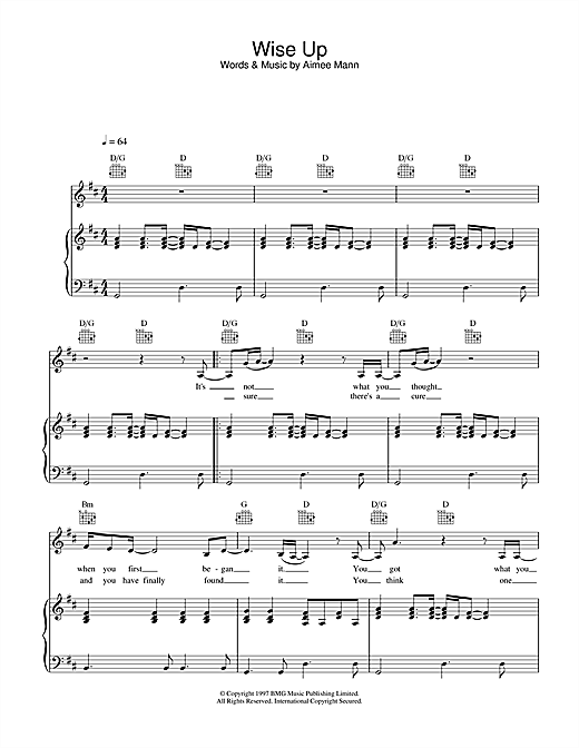 Preview Aimee Mann Wise Up (from Magnolia) Pop sheet music, notes and chords for Piano, Vocal & Guitar, SKU: 26396 sheet music, piano notes, chords, guitar tabs, score, transpose, transcribe, how to play, guide, download, learn, tutorial, progression, song, artist, awards, billboard, mtv, vh1, tour, single, album, release