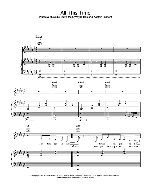 Preview Michelle McManus All This Time Pop sheet music, notes and chords for Piano, Vocal & Guitar, SKU: 26397 sheet music, piano notes, chords, guitar tabs, score, transpose, transcribe, how to play, guide, download, learn, tutorial, progression, song, artist, awards, billboard, mtv, vh1, tour, single, album, release