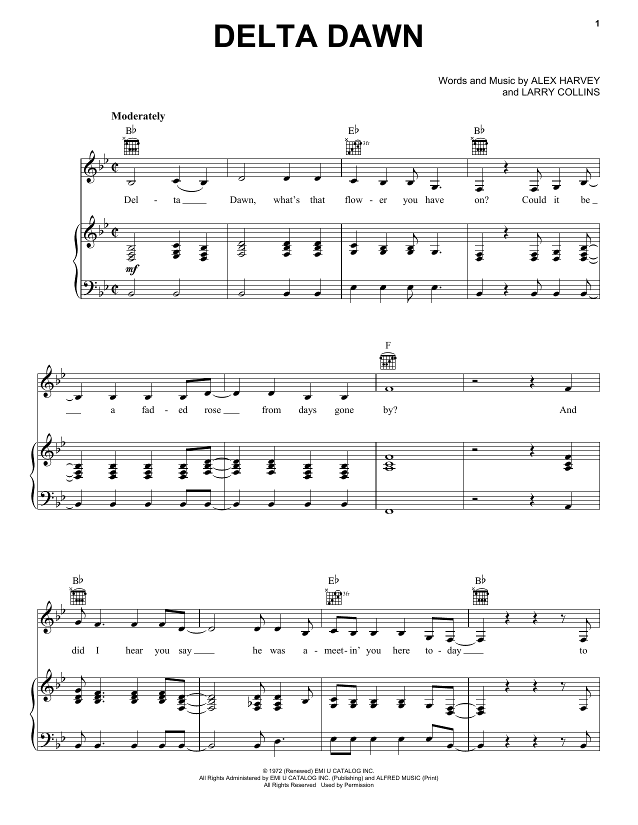 Preview Tanya Tucker Delta Dawn Pop sheet music, notes and chords for Piano, Vocal & Guitar (Right-Hand Melody), SKU: 26402 sheet music, piano notes, chords, guitar tabs, score, transpose, transcribe, how to play, guide, download, learn, tutorial, progression, song, artist, awards, billboard, mtv, vh1, tour, single, album, release