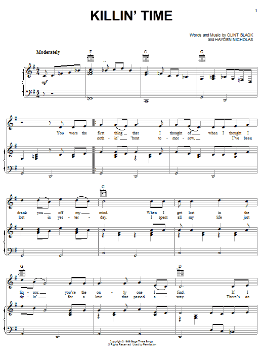 Preview Clint Black Killin' Time Country sheet music, notes and chords for Piano, Vocal & Guitar (Right-Hand Melody), SKU: 26403 sheet music, piano notes, chords, guitar tabs, score, transpose, transcribe, how to play, guide, download, learn, tutorial, progression, song, artist, awards, billboard, mtv, vh1, tour, single, album, release