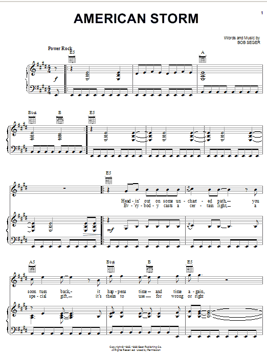 Preview Bob Seger American Storm Rock sheet music, notes and chords for Piano, Vocal & Guitar (Right-Hand Melody), SKU: 26415 sheet music, piano notes, chords, guitar tabs, score, transpose, transcribe, how to play, guide, download, learn, tutorial, progression, song, artist, awards, billboard, mtv, vh1, tour, single, album, release