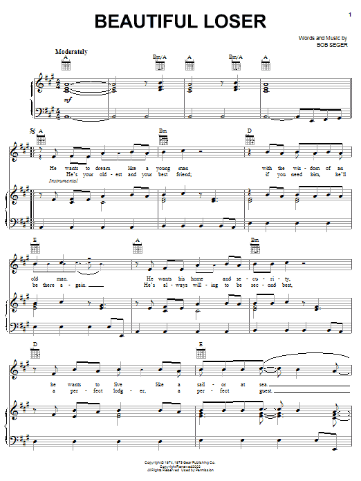 Preview Bob Seger Beautiful Loser Rock sheet music, notes and chords for Piano, Vocal & Guitar (Right-Hand Melody), SKU: 26416 sheet music, piano notes, chords, guitar tabs, score, transpose, transcribe, how to play, guide, download, learn, tutorial, progression, song, artist, awards, billboard, mtv, vh1, tour, single, album, release