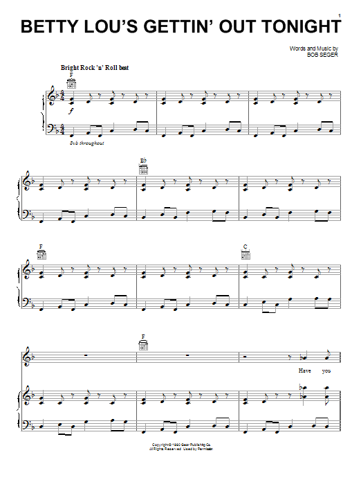 Preview Bob Seger Betty Lou's Gettin' Out Tonight Rock sheet music, notes and chords for Piano, Vocal & Guitar (Right-Hand Melody), SKU: 26417 sheet music, piano notes, chords, guitar tabs, score, transpose, transcribe, how to play, guide, download, learn, tutorial, progression, song, artist, awards, billboard, mtv, vh1, tour, single, album, release