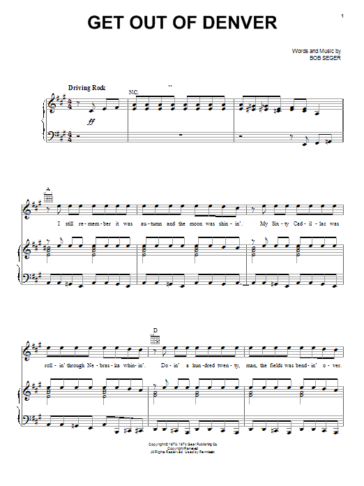Preview Bob Seger Get Out Of Denver Rock sheet music, notes and chords for Piano, Vocal & Guitar (Right-Hand Melody), SKU: 26418 sheet music, piano notes, chords, guitar tabs, score, transpose, transcribe, how to play, guide, download, learn, tutorial, progression, song, artist, awards, billboard, mtv, vh1, tour, single, album, release