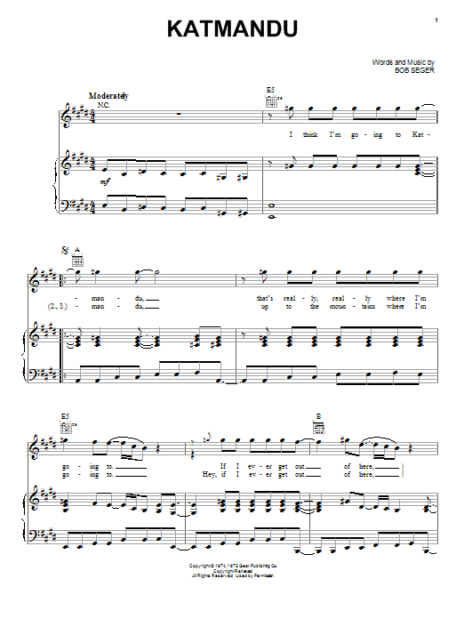 Preview Bob Seger Katmandu Rock sheet music, notes and chords for Piano, Vocal & Guitar (Right-Hand Melody), SKU: 26419 sheet music, piano notes, chords, guitar tabs, score, transpose, transcribe, how to play, guide, download, learn, tutorial, progression, song, artist, awards, billboard, mtv, vh1, tour, single, album, release