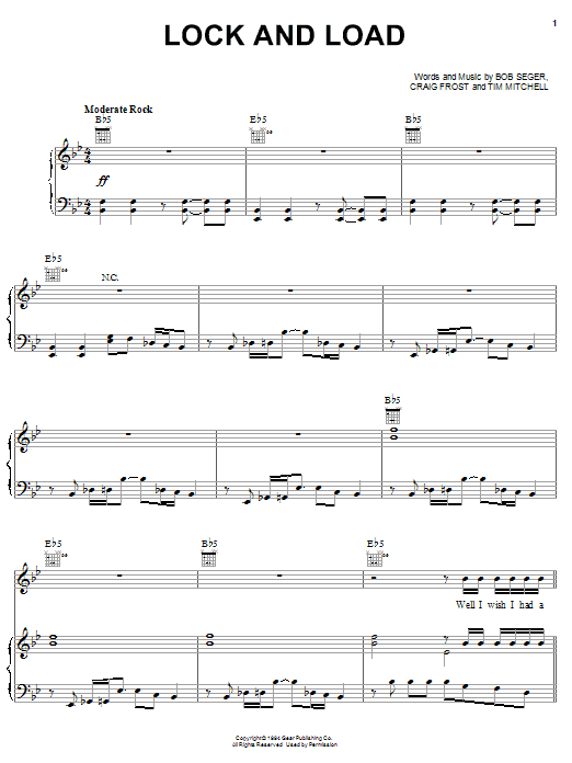 Preview Bob Seger Lock And Load Rock sheet music, notes and chords for Piano, Vocal & Guitar (Right-Hand Melody), SKU: 26420 sheet music, piano notes, chords, guitar tabs, score, transpose, transcribe, how to play, guide, download, learn, tutorial, progression, song, artist, awards, billboard, mtv, vh1, tour, single, album, release