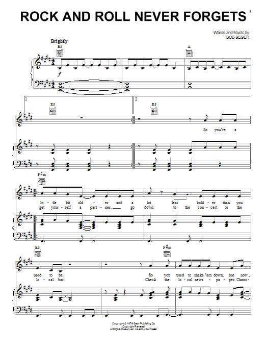 Preview Bob Seger Rock And Roll Never Forgets Rock sheet music, notes and chords for Piano, Vocal & Guitar (Right-Hand Melody), SKU: 26423 sheet music, piano notes, chords, guitar tabs, score, transpose, transcribe, how to play, guide, download, learn, tutorial, progression, song, artist, awards, billboard, mtv, vh1, tour, single, album, release