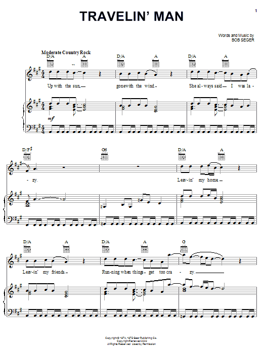 Preview Bob Seger Travelin' Man Rock sheet music, notes and chords for Piano, Vocal & Guitar (Right-Hand Melody), SKU: 26424 sheet music, piano notes, chords, guitar tabs, score, transpose, transcribe, how to play, guide, download, learn, tutorial, progression, song, artist, awards, billboard, mtv, vh1, tour, single, album, release
