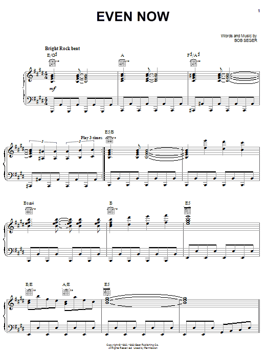Preview Bob Seger Even Now Rock sheet music, notes and chords for Piano, Vocal & Guitar (Right-Hand Melody), SKU: 26425 sheet music, piano notes, chords, guitar tabs, score, transpose, transcribe, how to play, guide, download, learn, tutorial, progression, song, artist, awards, billboard, mtv, vh1, tour, single, album, release
